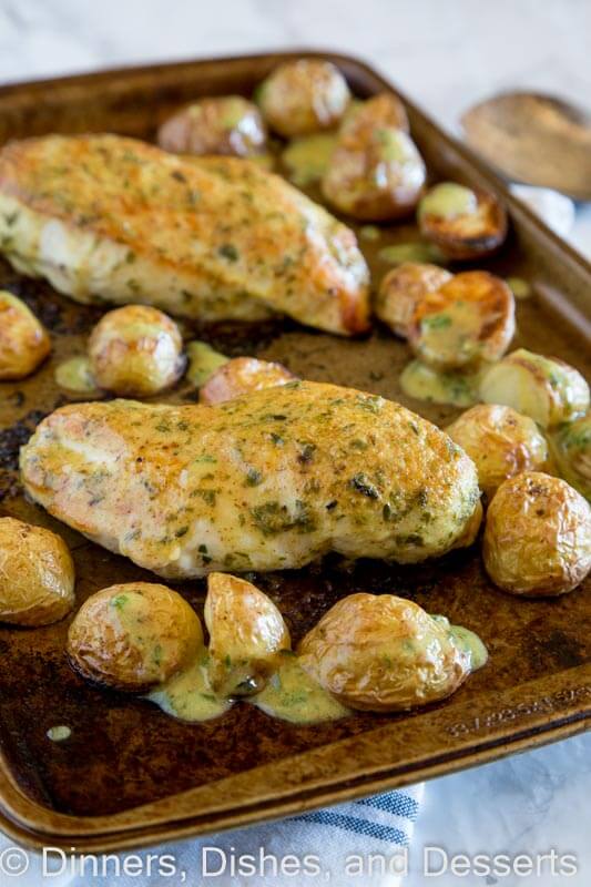 Sheet Pan Chicken with Roasted Potatoes - an easy chicken dinner all made on one sheet pan. Roast chicken and potatoes topped with an herb and mustard sauce.