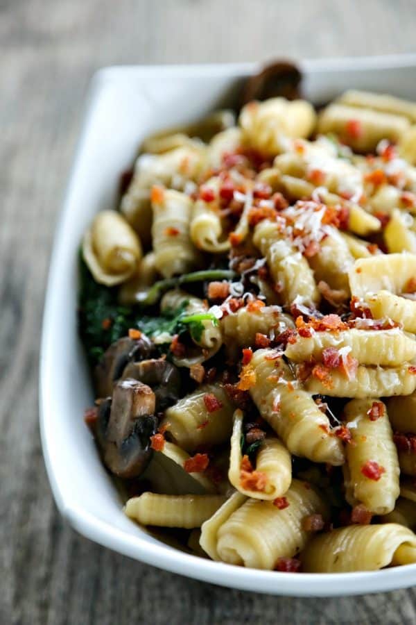 Simple Mushroom Kale Pasta with Pancetta from foodiewithfamily.com