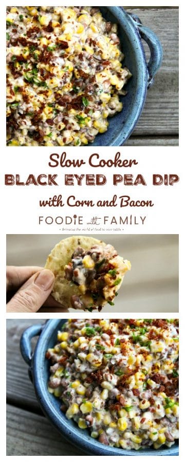 Slow-Cooker Black-Eyed Pea Dip with Corn and Bacon is absolutely BURSTING at the seams with black eyed peas and corn in a creamy cheese sauce.