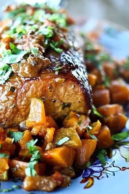 Slow Cooker Peach Salsa Pork with roasted sweet potatoes #SlowCooker #Crockpot