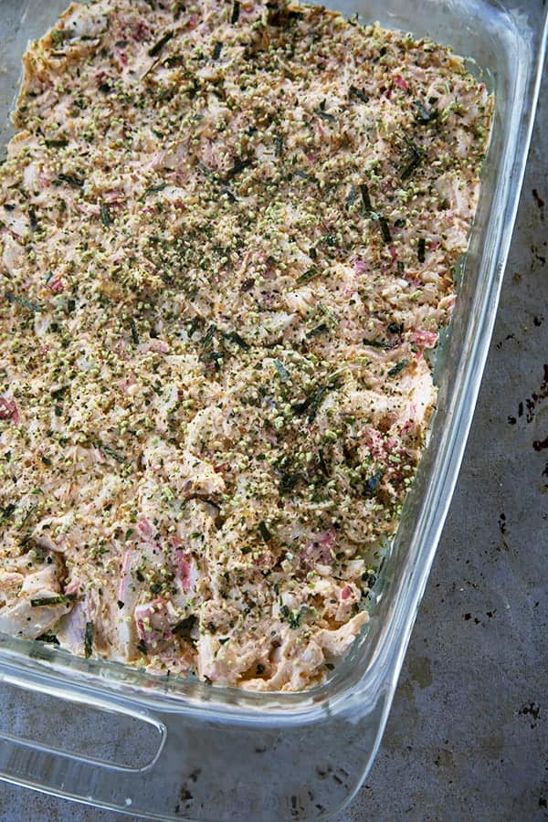 Sushi Bake creamy crab layer with furikake in glass pan