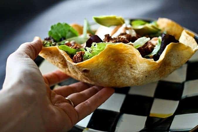 Mega Taco Salad in Cool Ranch Baked Tortilla Bowls foodiewithfamily.com