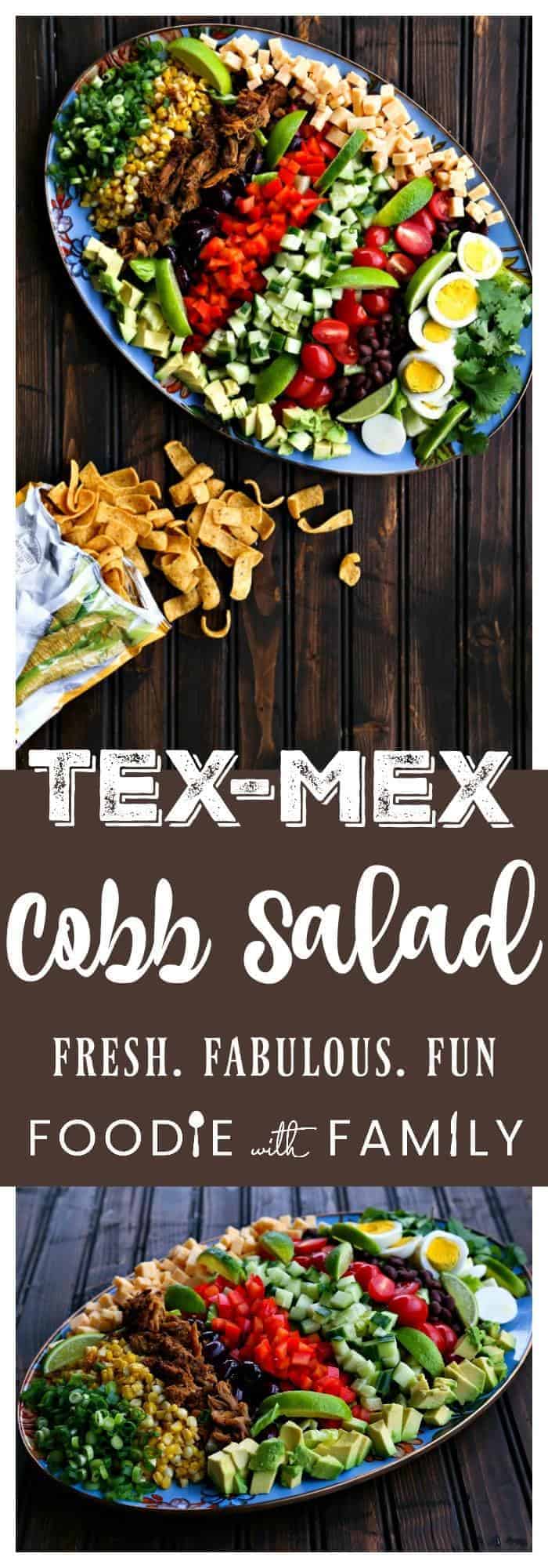 Tex-Mex Cobb Salad is crispy romaine absolutely bursting with green onions, roasted corn, crispy carnitas, bell peppers, cucumbers, tomatoes, hard boiled eggs, avocados, and lime juice. This is a serious and seriously fun salad!