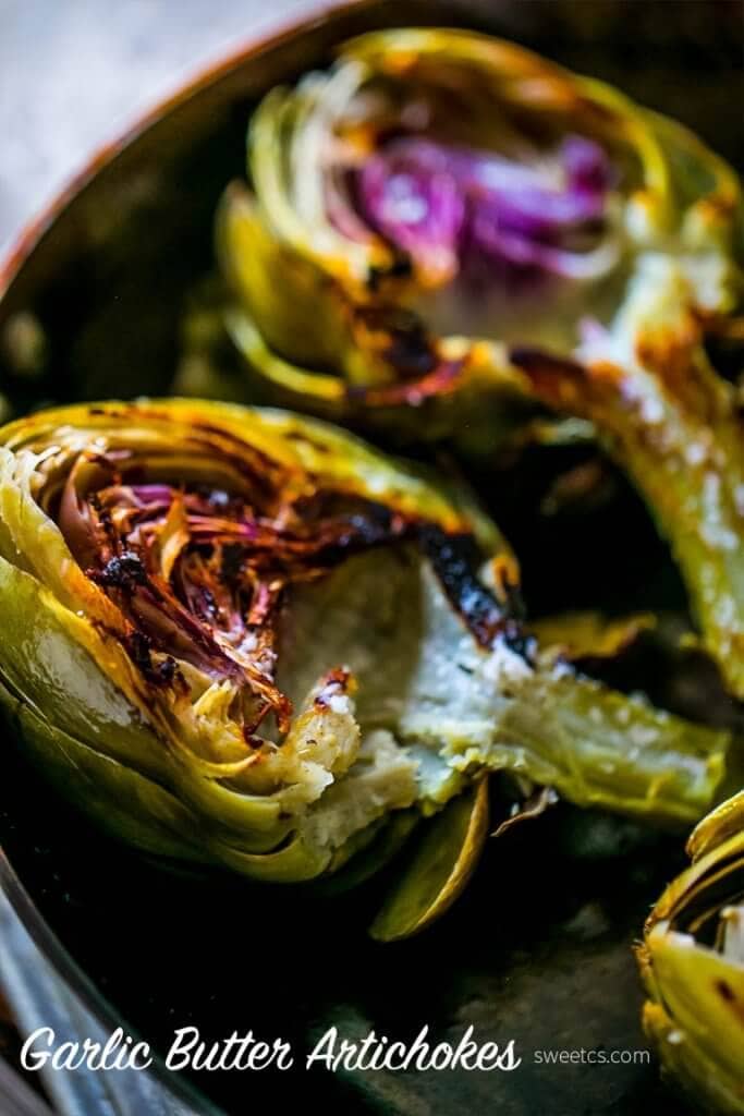 Charred Garlic Butter Artichokes {Sweet C's}