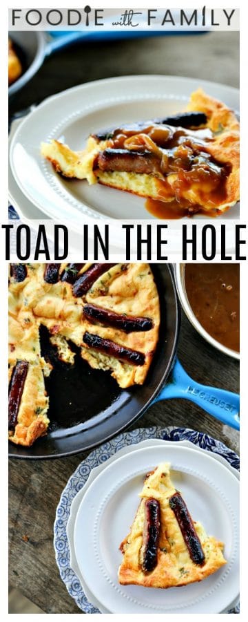 Toad in the Hole is a savoury, flavourful, thyme dotted, crisp-edged puff pancake cooked with roasted sausages & drippings with onion gravy spooned over.