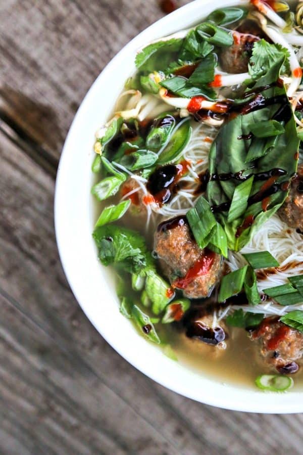 Simple Turkey Meatball Pho; a quick hack to make a fragrant, delicious pho broth from store bought stock or broth plus flavourful Asian Turkey Meatballs and a generous amount of fresh herbs and vegetables.