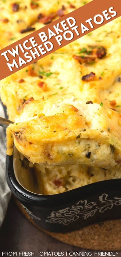 Get ready to dig into a baking dish filled with piping hot, irresistibly golden crusted, super creamy Twice Baked Mashed Potatoes. This make-ahead perfect side dish combines everything you love about creamy mashed potatoes, baked and twice baked potatoes; grated cheese, sour cream, crispy bacon, fresh herbs, and a whisper thin crispy crust at the edges. The only thing better than the taste of Twice Baked Mashed Potatoes casserole is its convenience. You can make it up to three days ahead of time and reheat before serving or you can make it, wrap it tightly, and freeze it for up to a month.