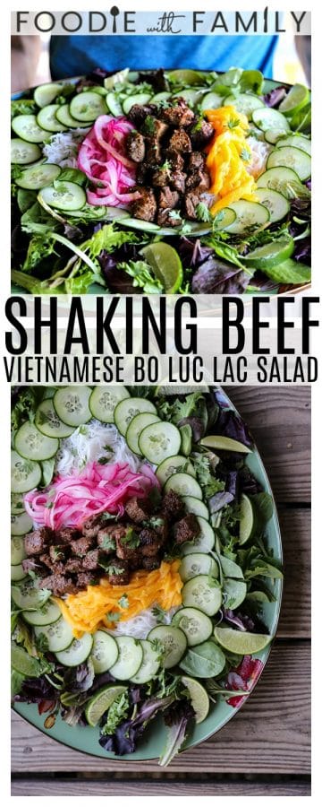 Bo Luc Lac -Shaking Beef- is a spectacularly fresh and flavourful Viêtnamese salad of mixed greens, cucumbers, pickled red onions, juicy mango, tender rice vermicelli noodles, bright herbs, and an irresistible black pepper lime dressing.