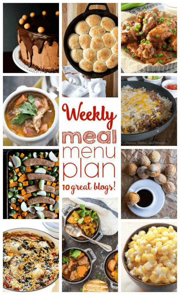 Weekly Meal Plan Week 65 – 10 great bloggers bringing you a full week of recipes including dinner, sides dishes, and desserts!